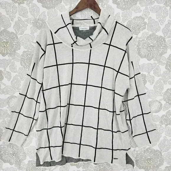 Calvin Klein Cowl neck Checkered pullover Women's Sweater XL 2158 - Picture 1 of 6
